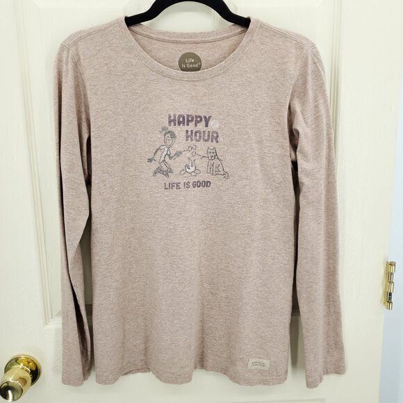Life Is Good "Happy Hour" Camping-Themed Long Sleeve Crusher Tee M Tan - Picture 1 of 16